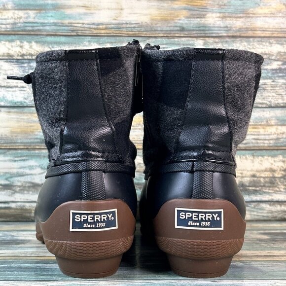 Sperry Womens 7.5M Waterproof Rain Boot Black Gray Plaid Zip Up Winter Booties - Picture 7 of 13
